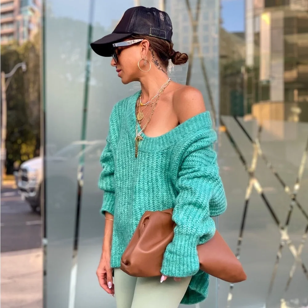 Free People Blue Bell V-Neck Sweater // Electric Teal Size M - Picture 8 of 10